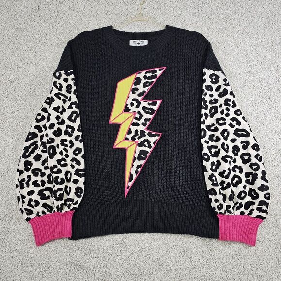 Crazy Train Sweaters - Crazy Train Lightening Bolt Sweater Size S Pink‎ Leopard Cheetah Print 80s 90s